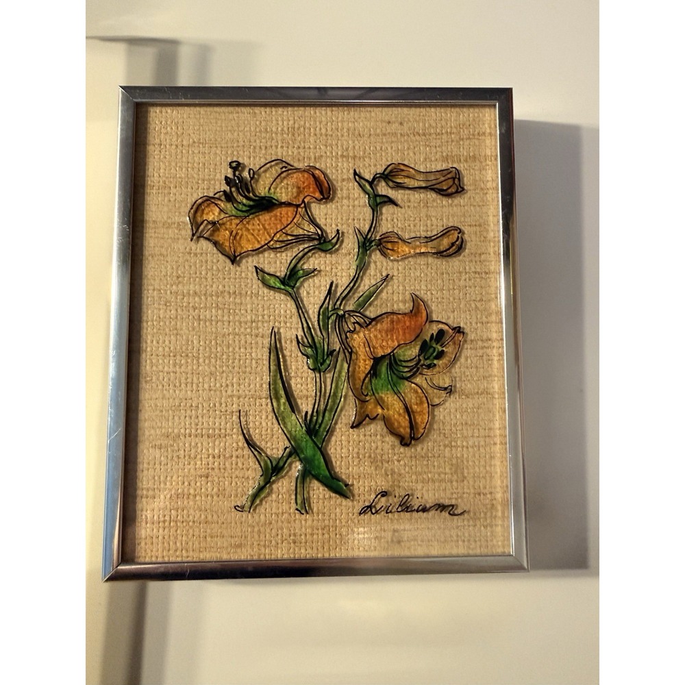 1970s MCM Faux Stained Glass Lily Artwork • Burlap Burlap Back Nielsen Metal Fra